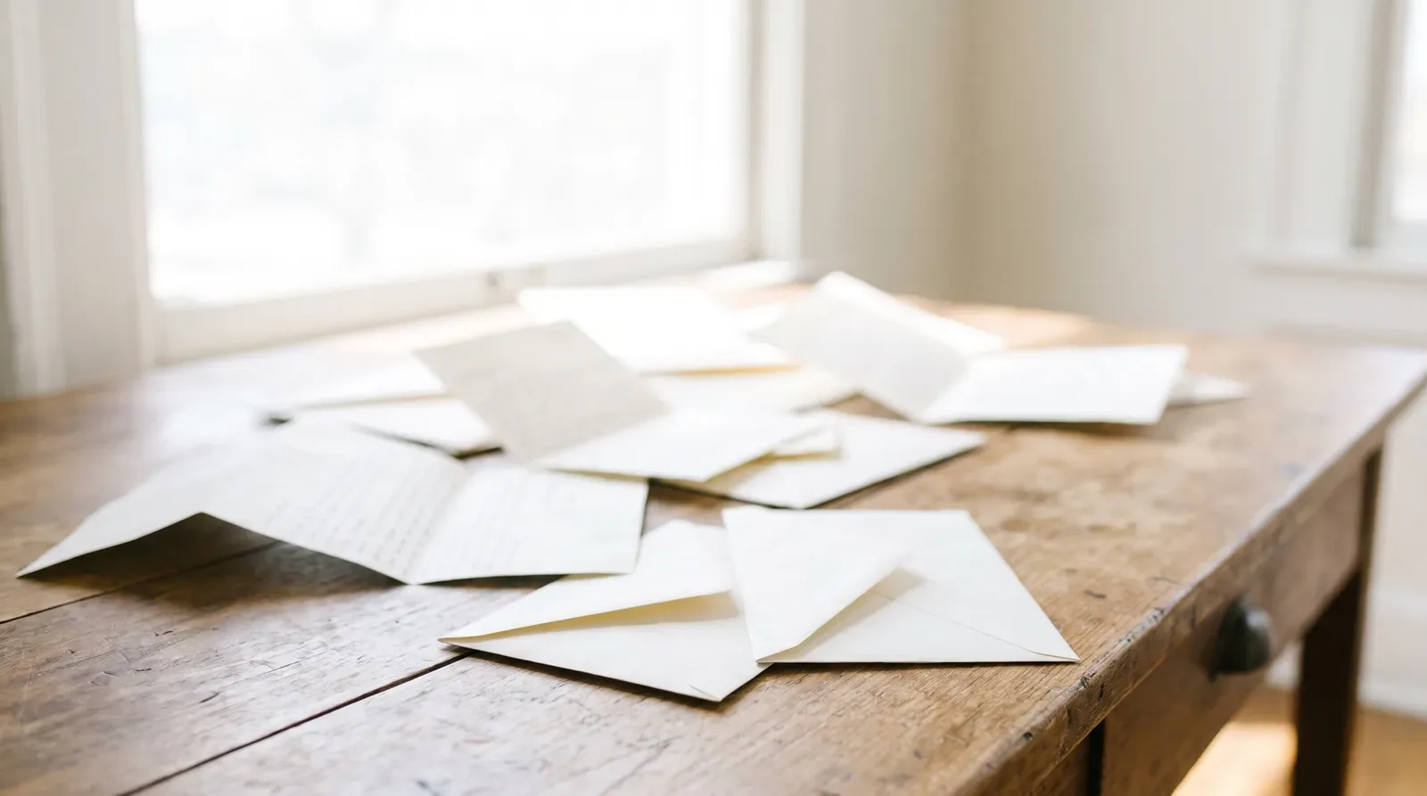 Handwritten letters and envelopes spread across a wooden desk