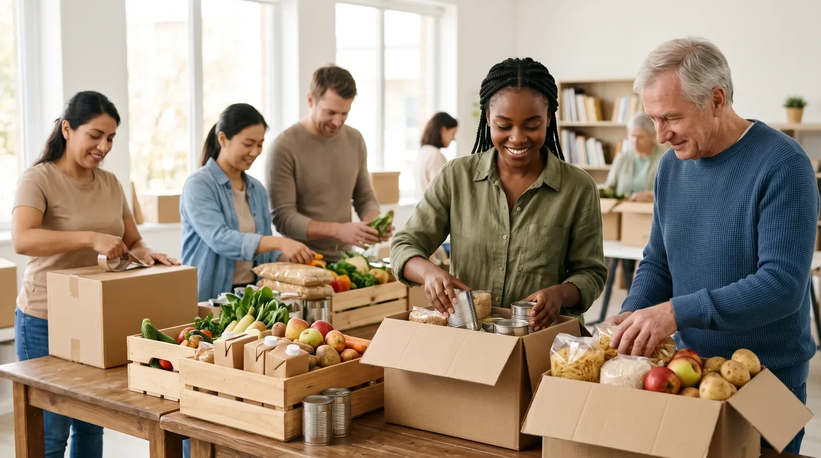 Volunteers working together to pack food donations
